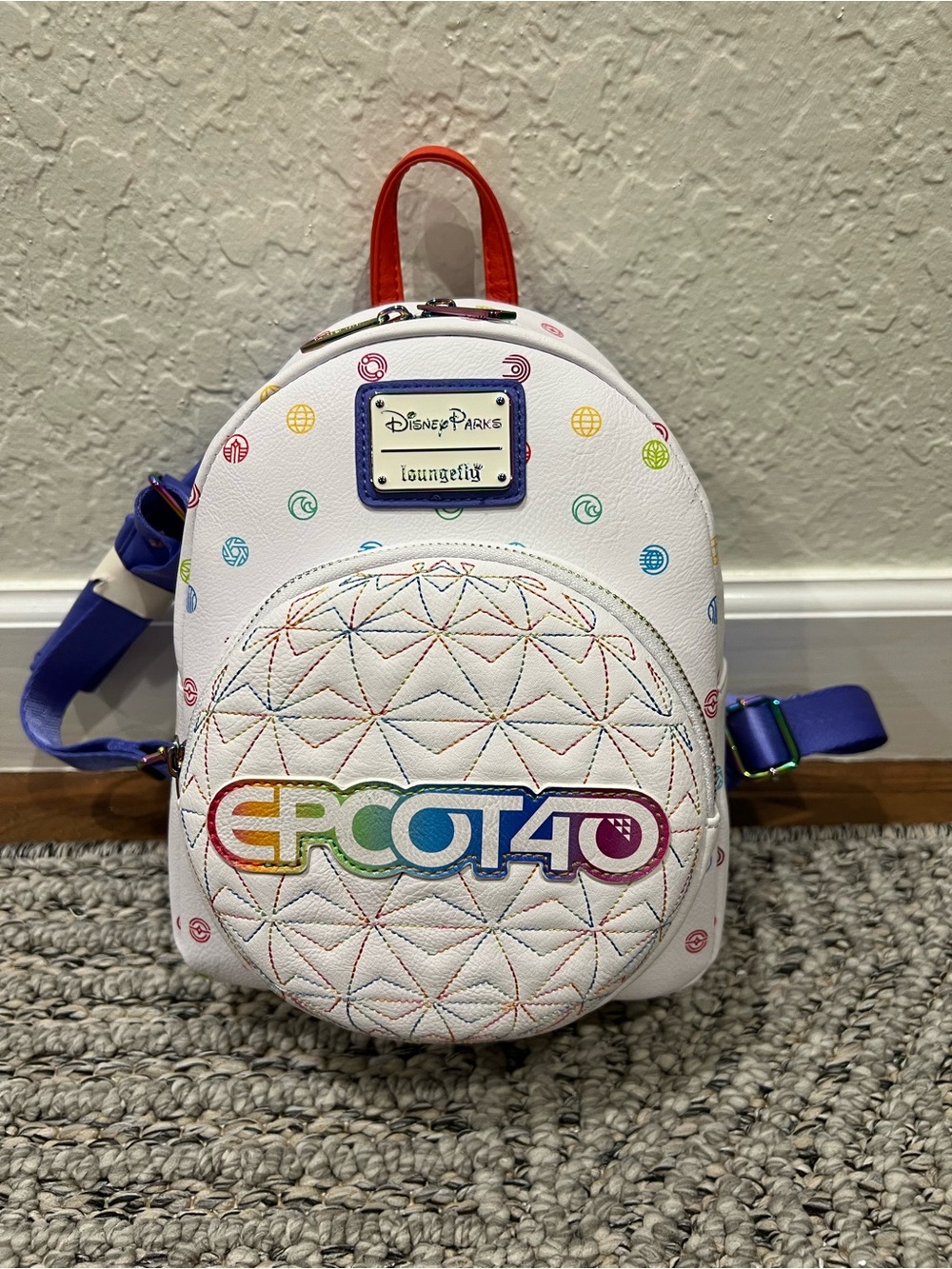 Loungefly White Rainbow EPCOT40 Mini Backpack with Purple Straps